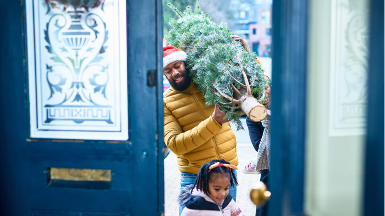 Mid adult man in Santa hat carefully carrying Christmas tree through open doorway with daughter ahead of him